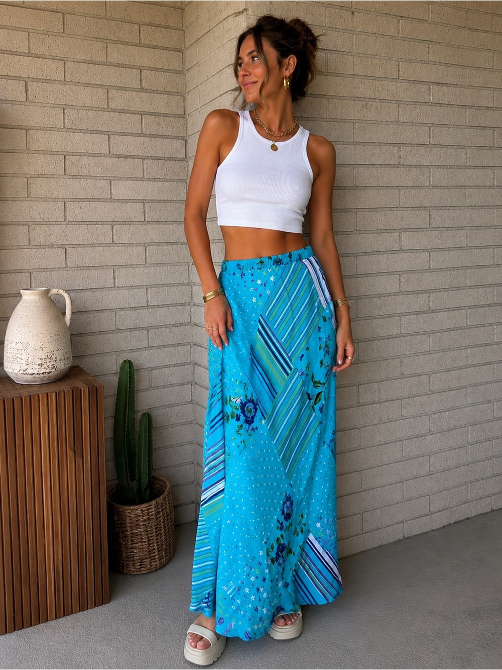 Vintage Ali Miles Turquoise Blue Floral Stripe Patchwork Maxi Skirt Small